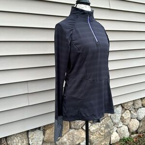 MONDETTA 1/4 Zip Long Sleeve Ruched Shoulder Sweat Wicking Top Striped Charcoal